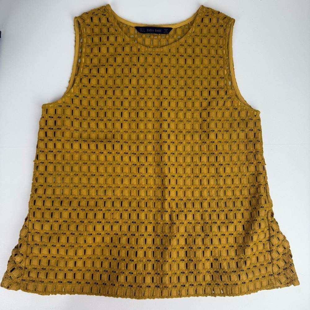 Zara Basic Mustard Yellow Sleeveless Peplum Blouse Textured Crochet Size S
